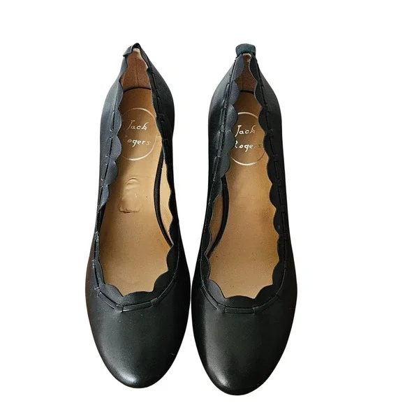 Jack Rogers Women's Black Leather Scalloped Whipstitch Wedge Pumps Shoes 7.5 - Picture 2 of 7